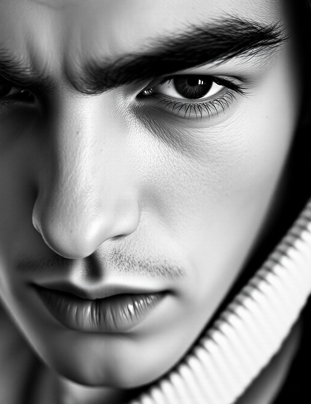 Close-up black and white portrait