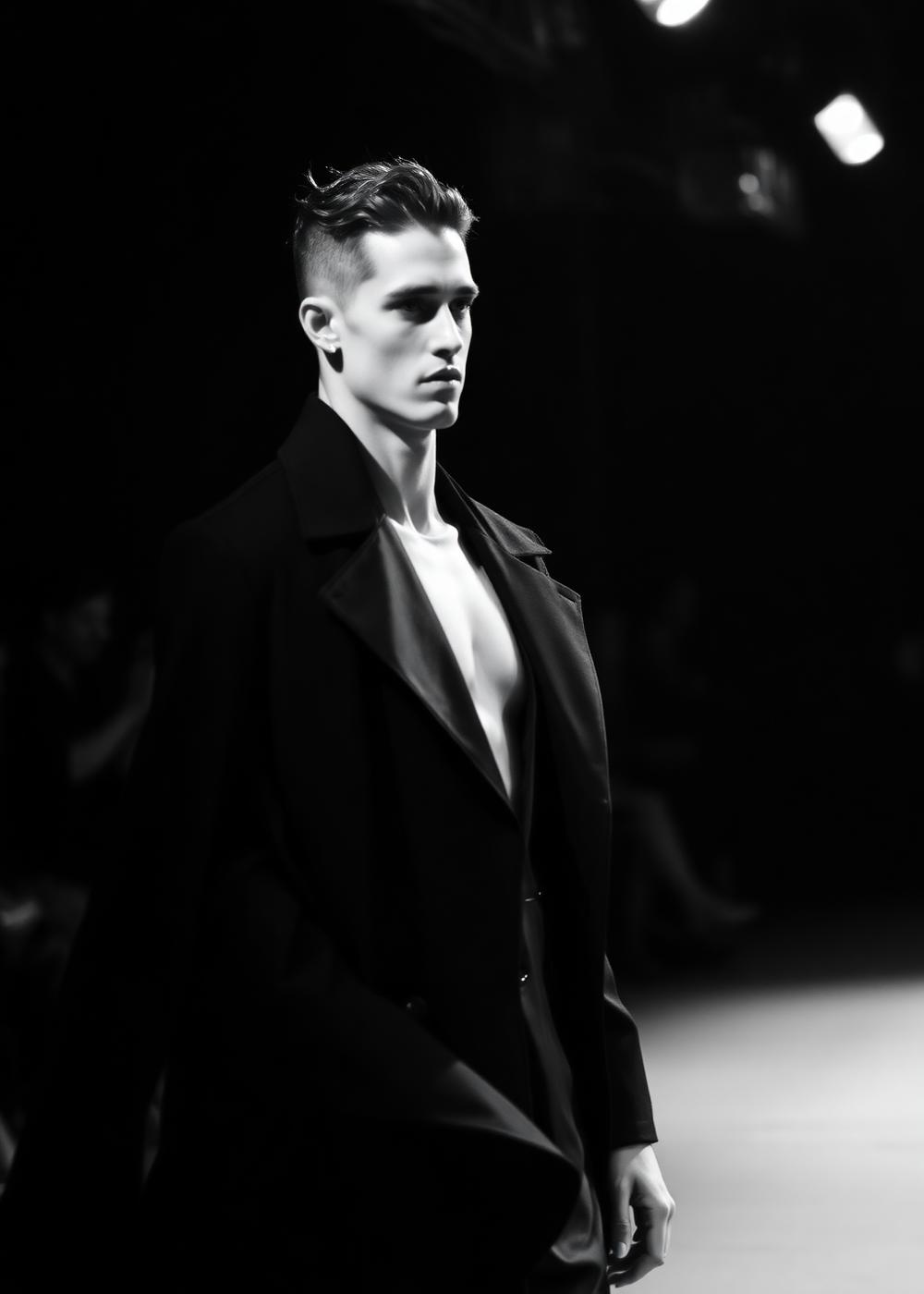 Runway walk in black overcoat